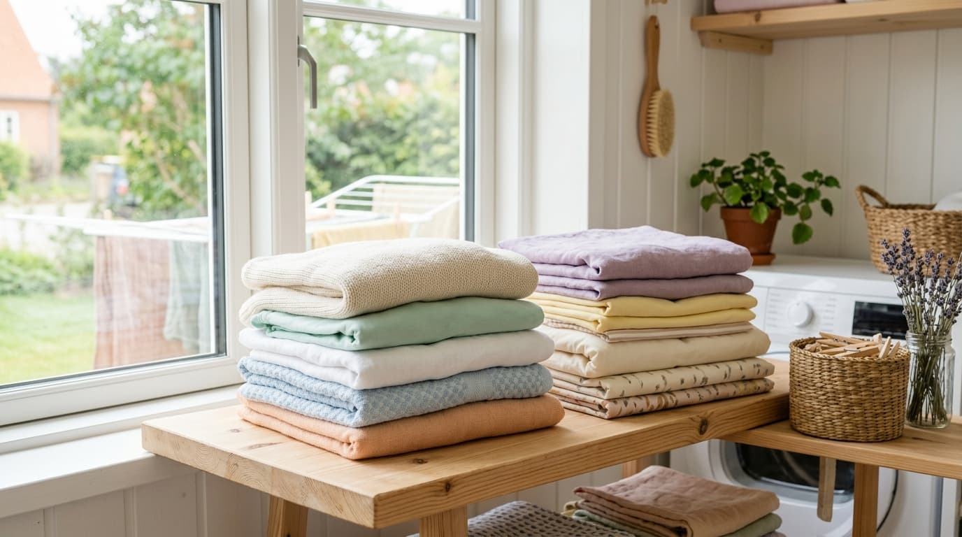 Nytvättade kläder i skandinavisk hemmiljö